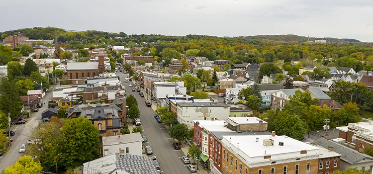An aerial photo overlooking a street in the city of Hudson in Columbia County, NY.