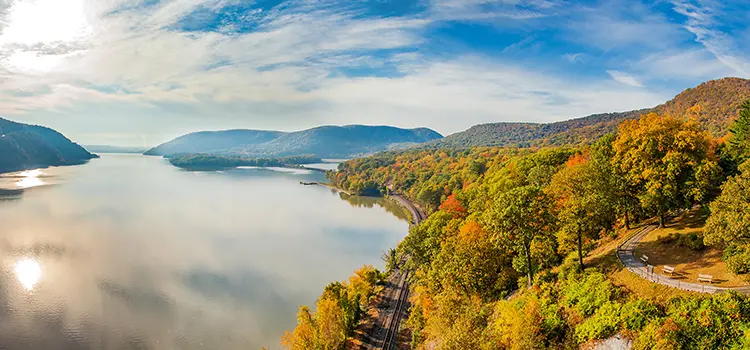 An aerial view overlooking the Hudson River during Autumn.